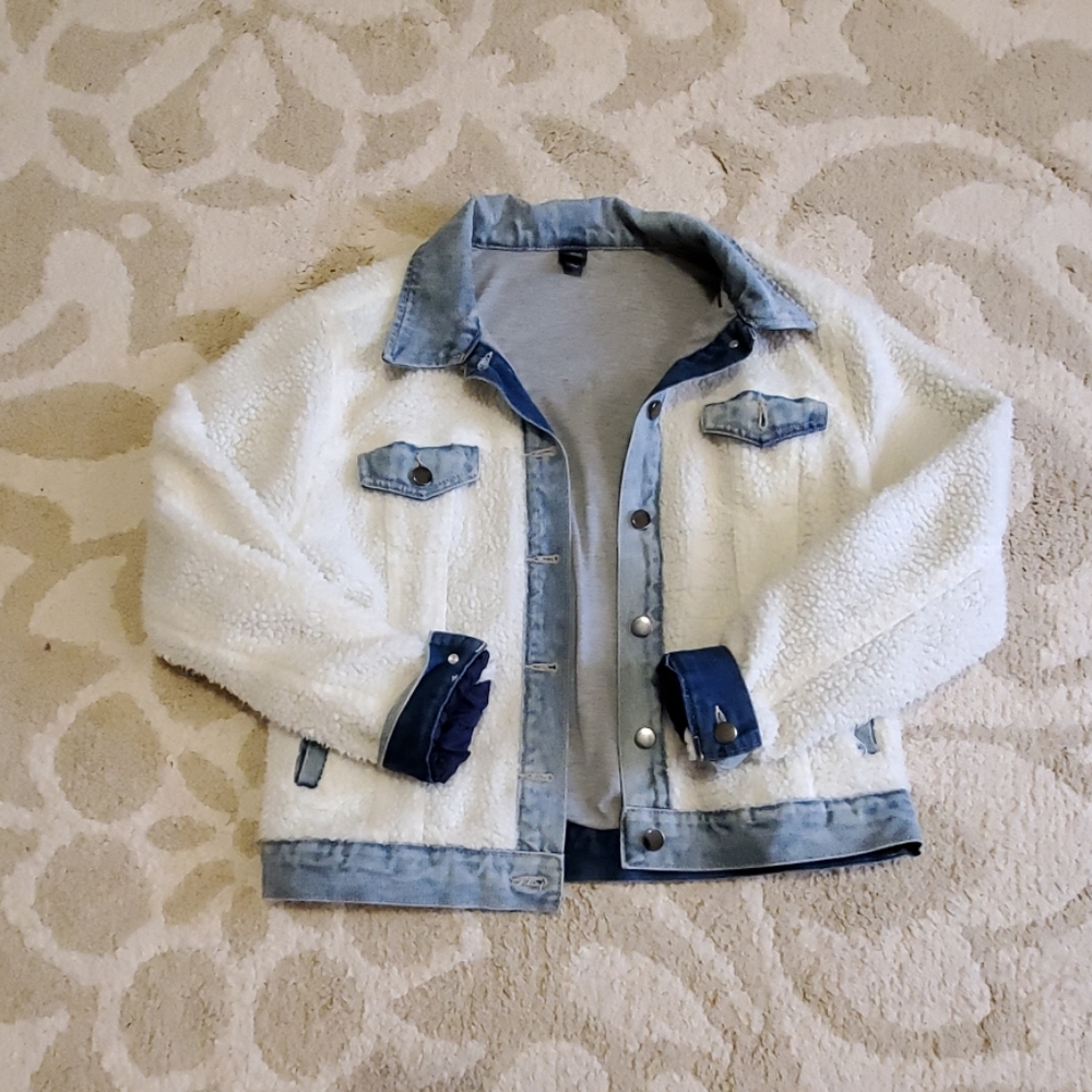 NWOT Fuzzy White and Denin Jacket